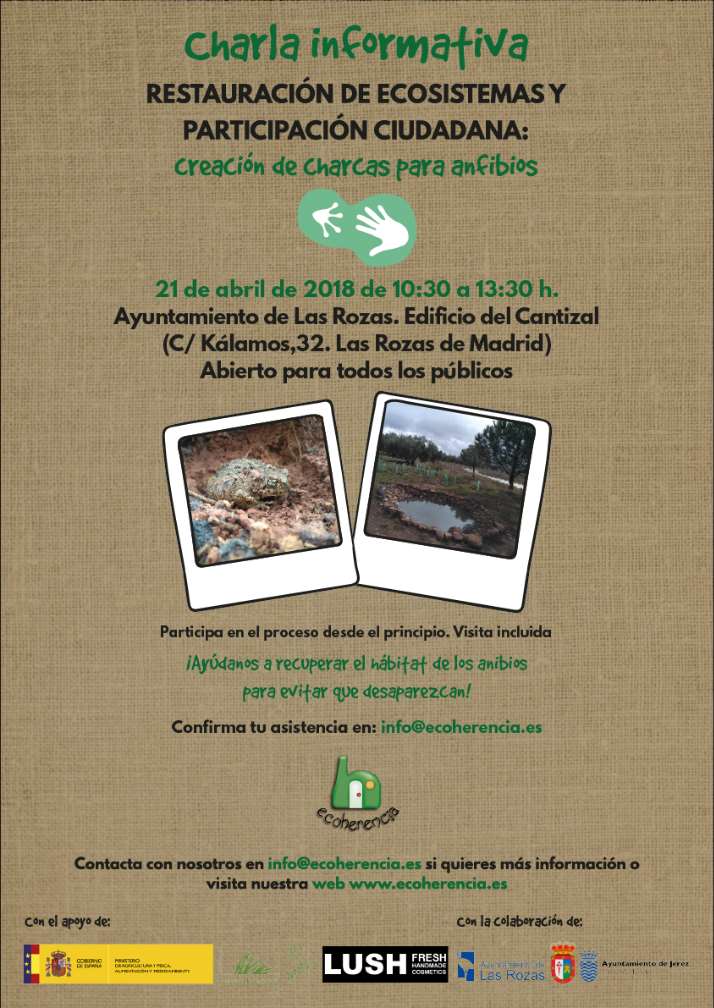 Cartel de la charla informativa de creación de charcas para anfibios en Las Rozas de Madrid